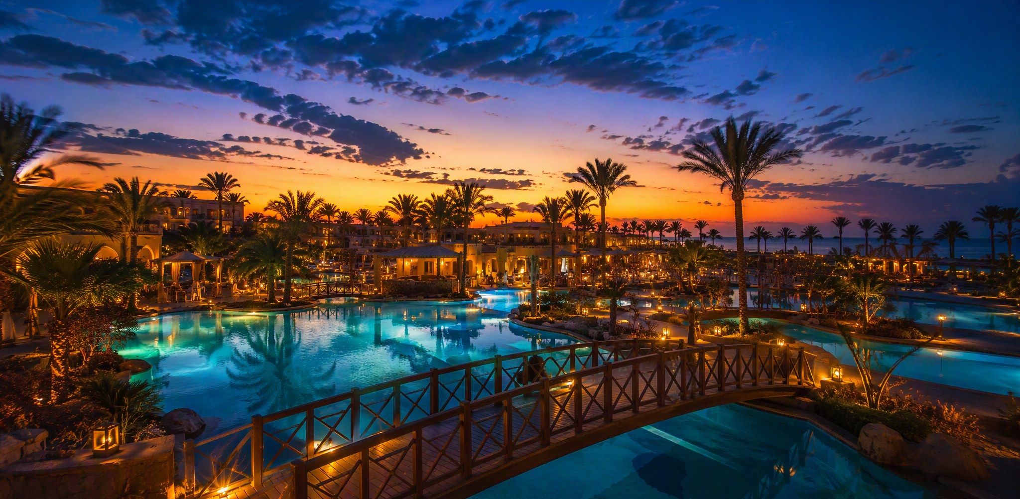 Fantazia resort pools at dusk